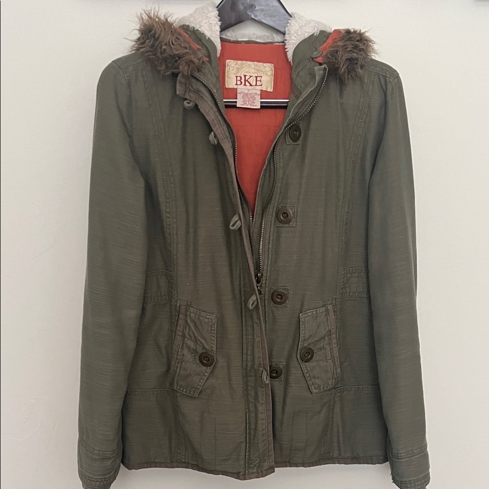 BKE Olive Utility Jacket with Faux Fur Trim